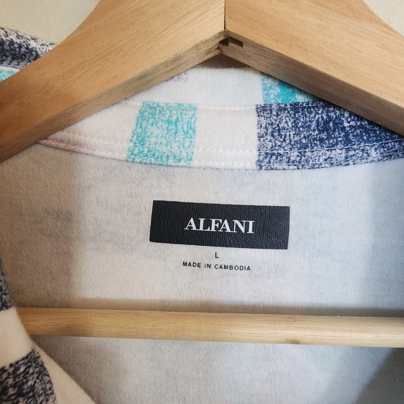ALFANI Blue & White Square Print Collared Mid Button Short Sleeve Polo Shirt L - Picture 4 of 8